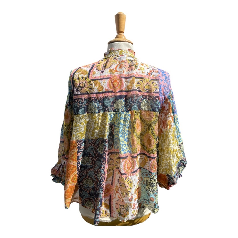 Fate Patchwork Balloon Sleeve Boho Blouse Size Me… - image 3